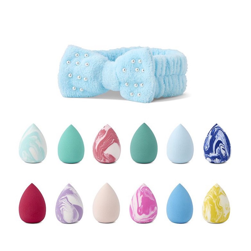 Blue Pearl-Embellished Plush Bow Makeup Headband with Assorted Makeup Sponges